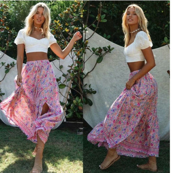 Boho Colorful Pink Floral Print Tassel Maxi Skirt - Picture 5 of 8